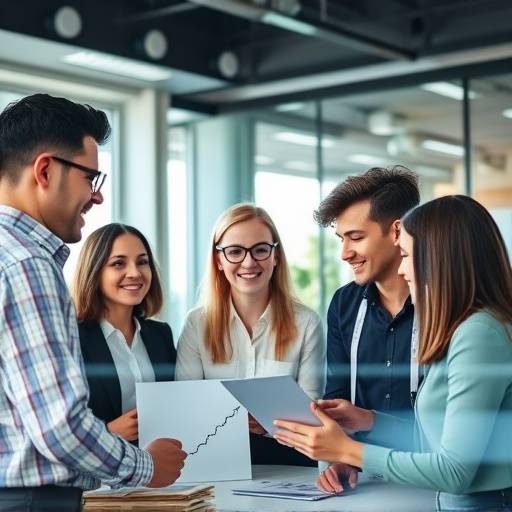 Diverse group of professionals collaborating in a modern office setting, signifying the Business Analytics course.